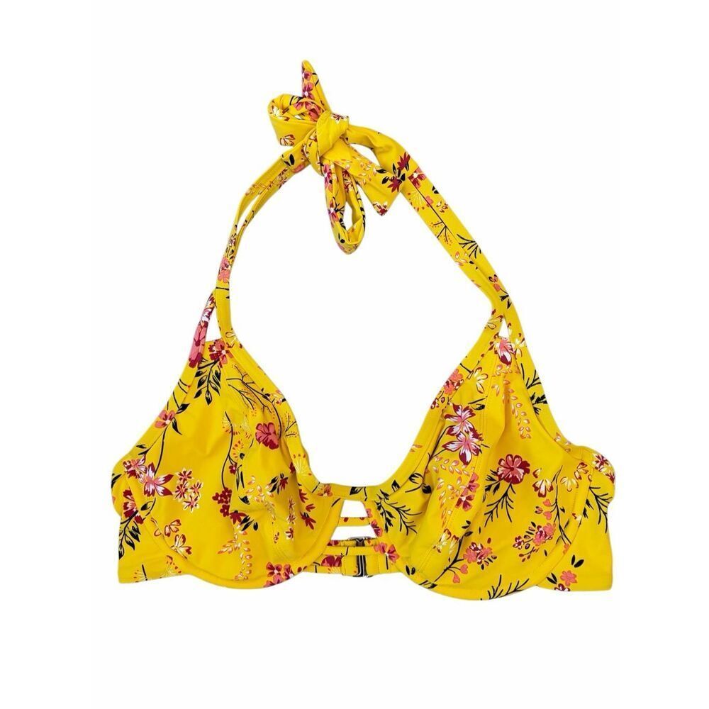 Birdsong Yellow Floral Bikini Set Underwire Halter Top 36D Bottom L - Picture 4 of 12